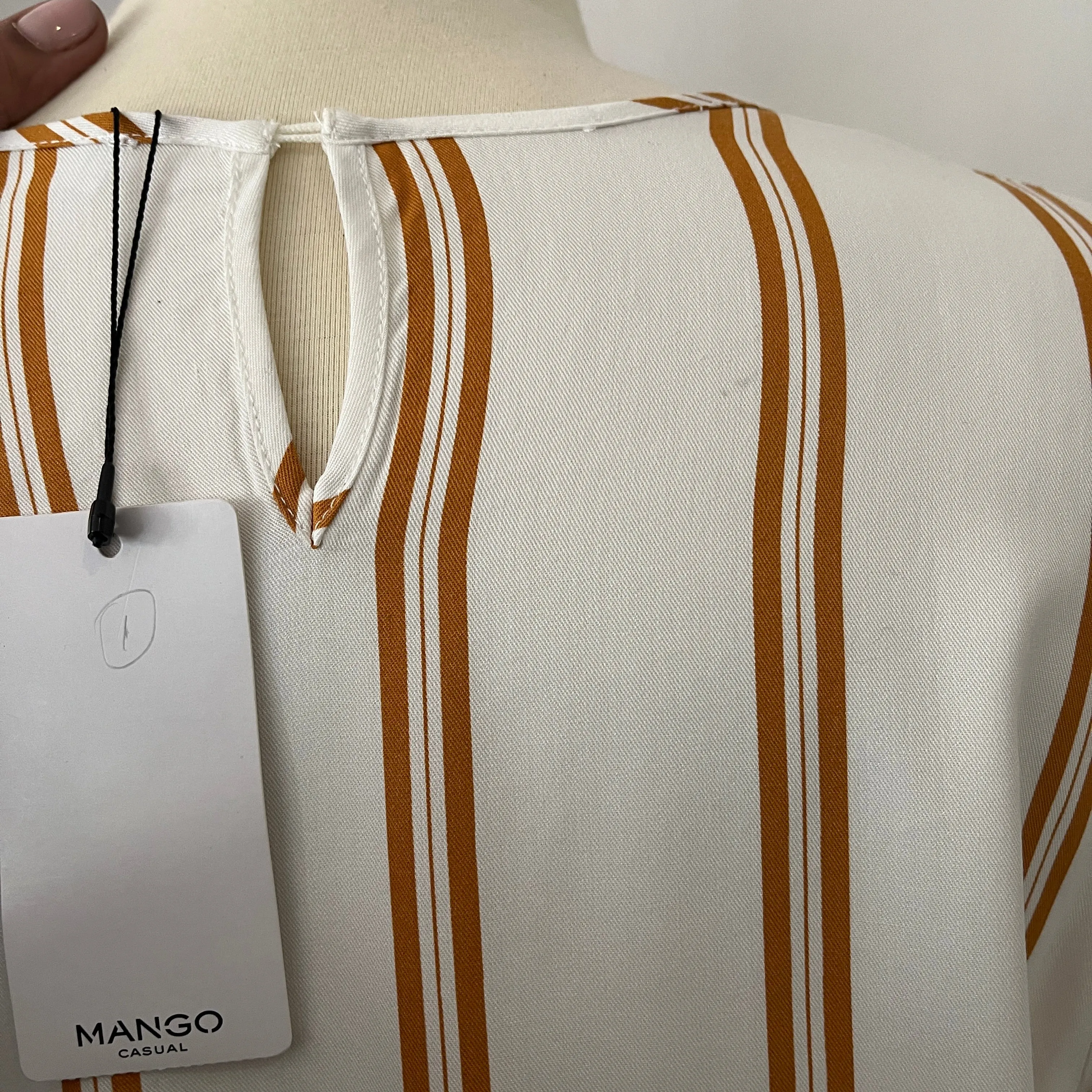 Mango White & Brown Striped Elbow-length Sleeves Top | Brand New |
