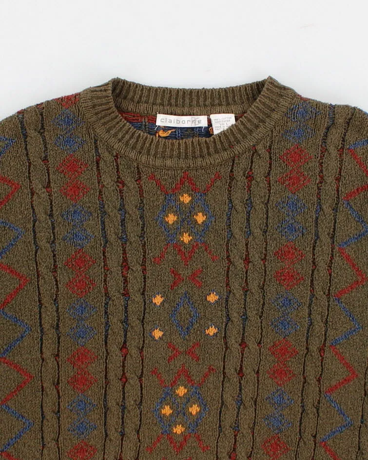 Vintage men's green pattern knit jumper - L